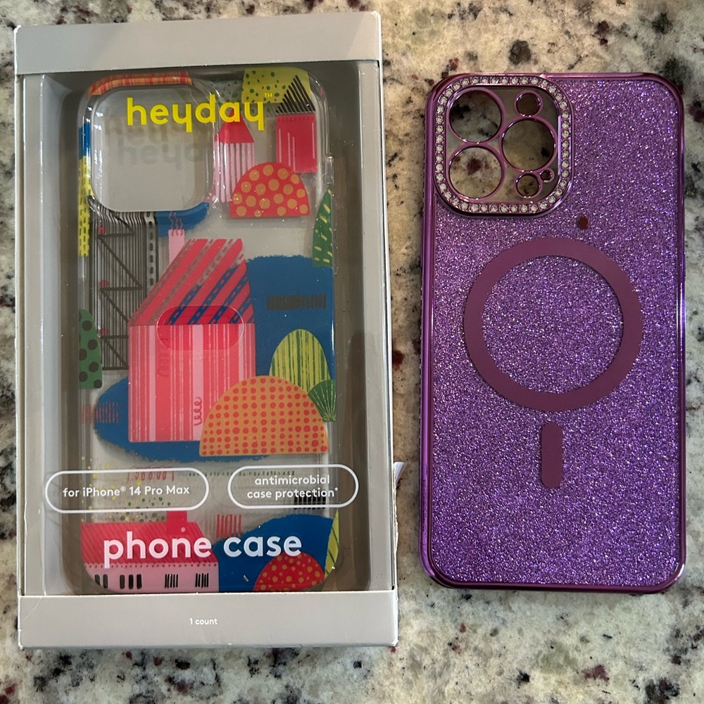iPhone 14 Pro Max cases (2) one multicolored and one purple glitter